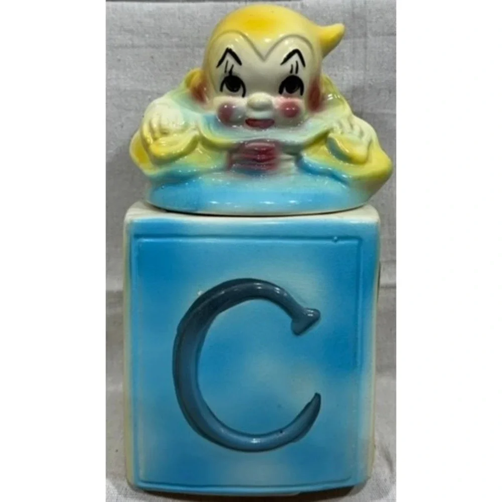 Vintage 1940s USA Ceramic Alphabet Block Cookie Jar Blue Yellow 12 Inch tall